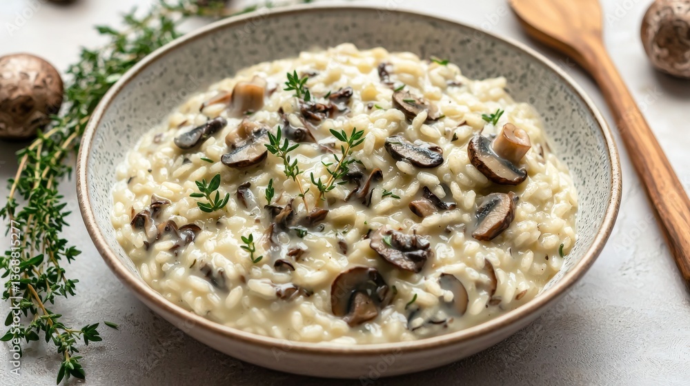 Creamy mushroom risotto in speckled bowl with fresh thyme garnish Creamy mushroom risotto in speckled bowl with fresh thyme garnish