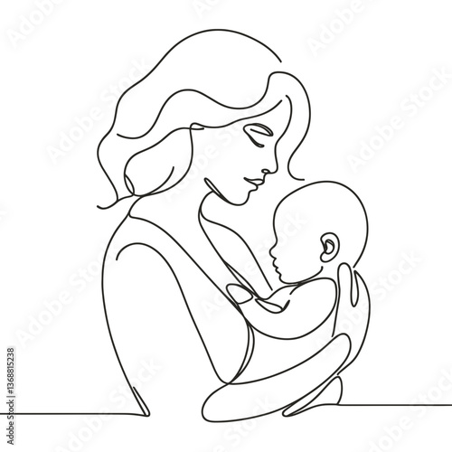 Mother cradling baby with love in minimalist line art  