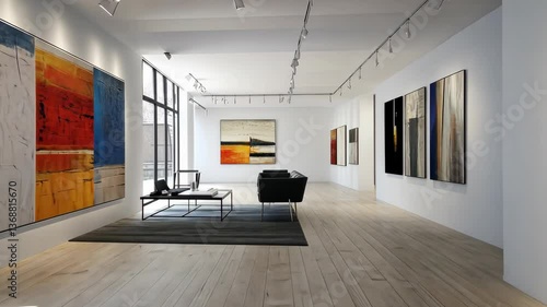 A minimalist creative studio with abstract art hanging on clean white walls. digital
