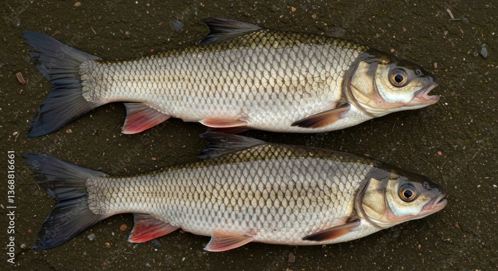 Two Creek Chubs on White Background - A pair of creek chubs, freshwater fish, lie on a white background. Symbolizing nature, wildlife, fishing, aquatic life, and conservation. Two Creek Chubs on White Background - A pair of creek chubs, freshwater fish, lie on a white background. Symbolizing nature, wildlife, fishing, aquatic life, and conservation.