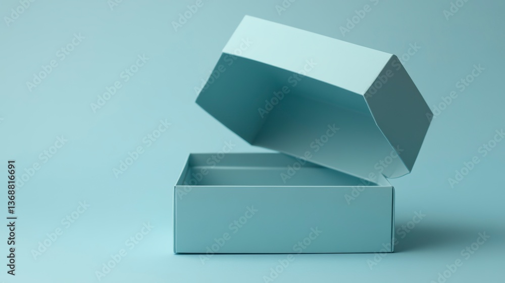 Partially opened light blue hexagonal gift box on a light blue background. Partially opened light blue hexagonal gift box on a light blue background.