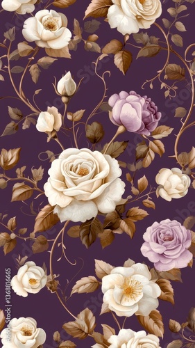 Floral pattern featuring various roses in soft hues on a deep purple background ideal for home decor and textile designs