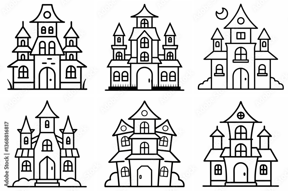 Haunted House Outline Coloring Page - Line Art Drawing Set on White Background Haunted House Outline Coloring Page - Line Art Drawing Set on White Background