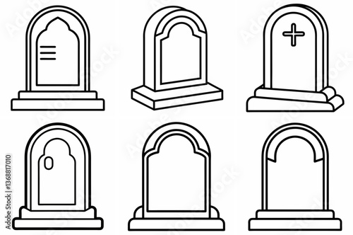 Headstone Outline Coloring Page - Line Art Drawing Set on White Background