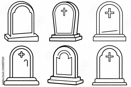 Headstone Outline Coloring Page - Line Art Drawing Set on White Background