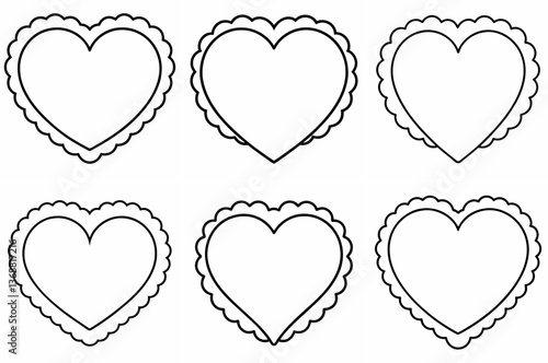 Heart Scallop Frame Outline Coloring Page - Line Art Drawing Set on White Background