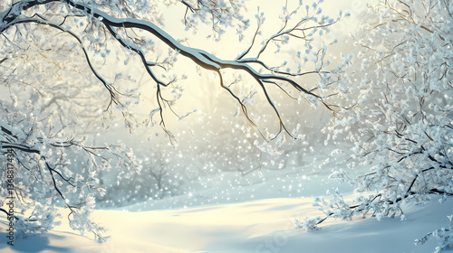 An enchanting winter scene showcasing a frosted tree branch glistening in soft sunlight. this tranquil setting captures the serene beauty of nature in a snowy landscape. Hushed Illusion. Illustration