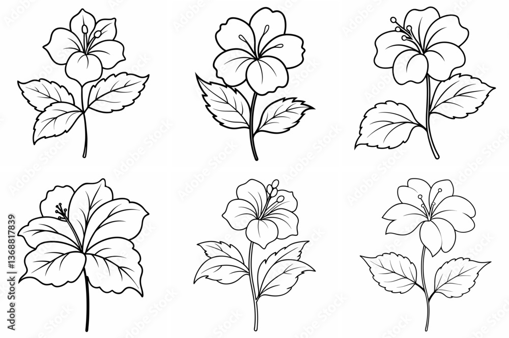 Obraz premium Hibiscus Flower Plant Outline Coloring Page - Line Art Drawing Set on White Background