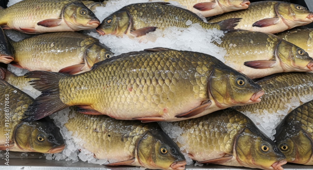 Fresh Carp on Ice at Supermarket - Frozen carp, glistening scales, icy freshness, supermarket display, healthy seafood. Symbolizing freshness, abundance, healthy eating, winter, market. Fresh Carp on Ice at Supermarket - Frozen carp, glistening scales, icy freshness, supermarket display, healthy seafood. Symbolizing freshness, abundance, healthy eating, winter, market.