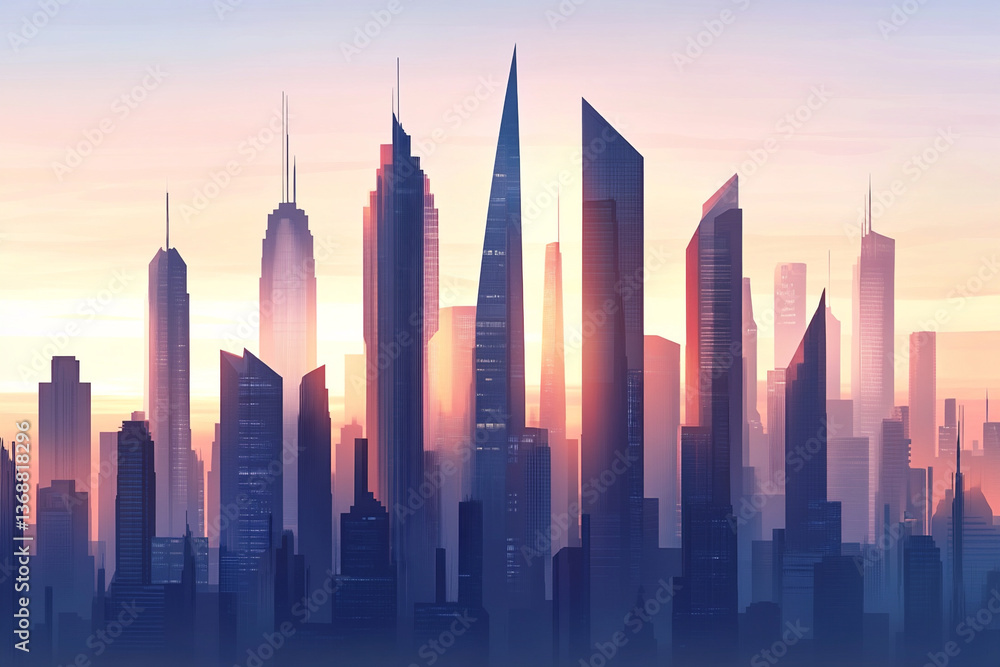 Obraz premium Skyscrapers Tower Against Sunset in a Modern City Skyline Showcasing Architectural Innovation