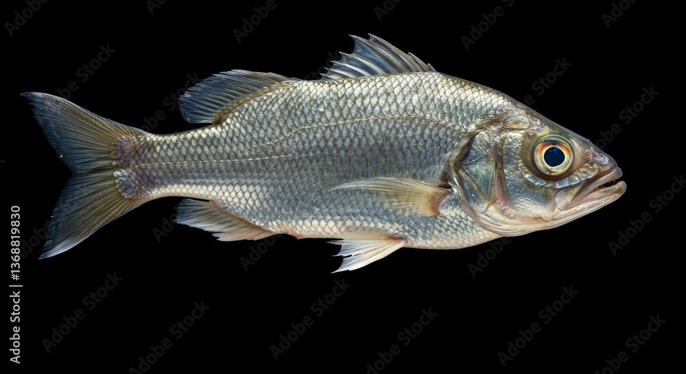 Fototapeta premium Mooneye Fish Stock Photo: Aquatic Life - A detailed close-up of a mooneye fish, showcasing its scales, fins, and eye. Symbolising aquatic life, marine biology, wildlife, nature, and food.