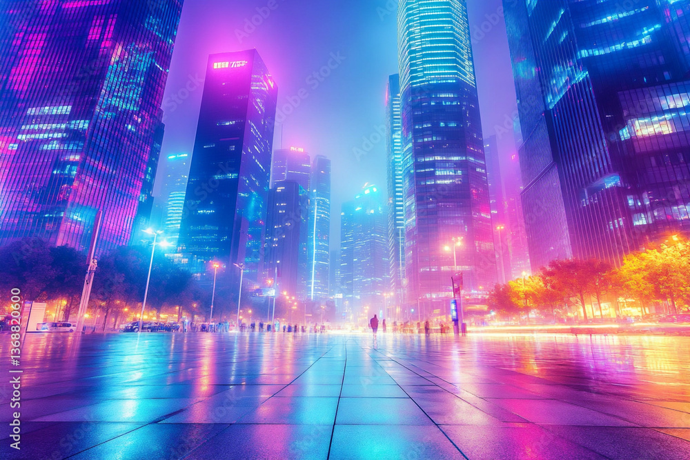 Obraz premium Vibrant Metropolitan Skyline Illuminated by Colorful Lights in a Bustling City at Night During a Lively Evening Atmosphere