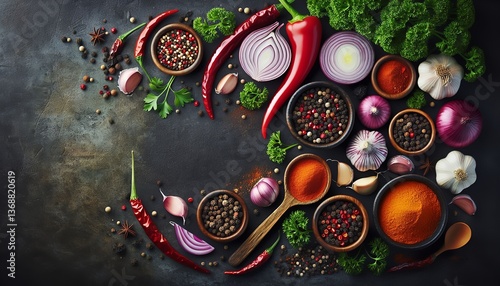 Fototapeta Naklejka Na Ścianę i Meble -  A vibrant display of various spices and ingredients artfully arranged against a contrasting background, ideal for culinary stock photography.
