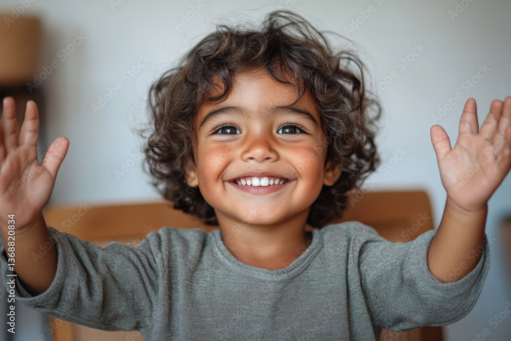 Happy Child with Raised Hands, Smiling Joyfully Happy Child with Raised Hands, Smiling Joyfully
