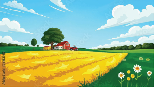 Farm landscape. Red barn. Countryside with a charming barn under a serene blue sky. Vector illustration.