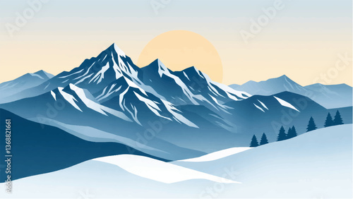 Mountains covered with snow. Mountains landscape. Snowy Mountain Range. Vector illustration.	
