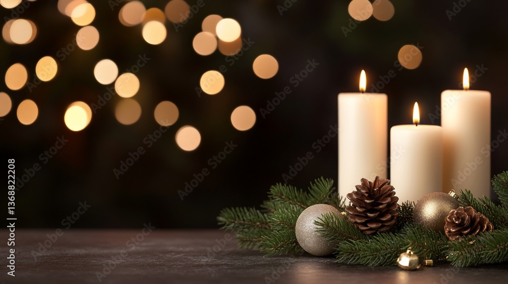 Three candles glowing, decorated with pine and ornaments. Festively peaceful Three candles glowing, decorated with pine and ornaments. Festively peaceful
