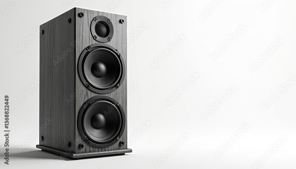 Black audio speaker on white background. Modern music tech equipment. Loudspeaker delivers powerful sound. Sound system for home pro studio. For party, concert, stage listening music at home. High Black audio speaker on white background. Modern music tech equipment. Loudspeaker delivers powerful sound. Sound system for home pro studio. For party, concert, stage listening music at home. High