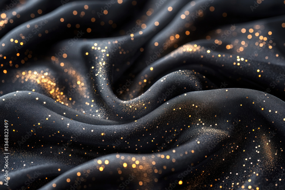 Obraz premium A luxurious, black satin fabric is draped dramatically, revealing a shimmering, golden texture resembling scattered star points.