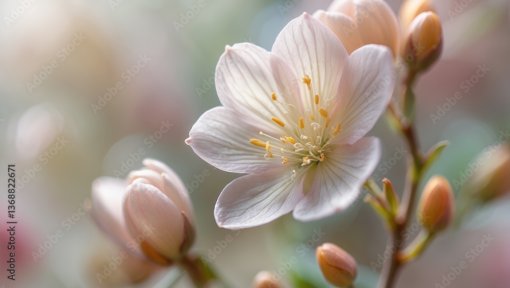Delicate pale pink flower with a soft, blurred background. Blossoms and buds in close-up Delicate pale pink flower with a soft, blurred background. Blossoms and buds in close-up