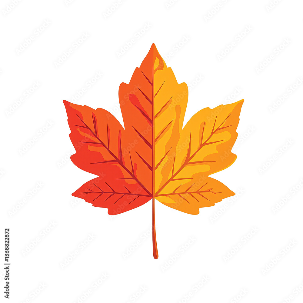 Fototapeta premium Vibrant autumn maple leaf in flat style vivid orange and red hues isolated on white background