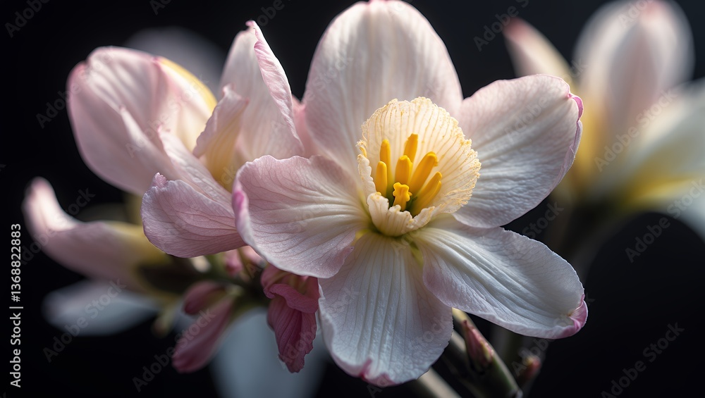 Fototapeta premium Delicate, pale pink flower with yellow center, soft petals against black backdrop
