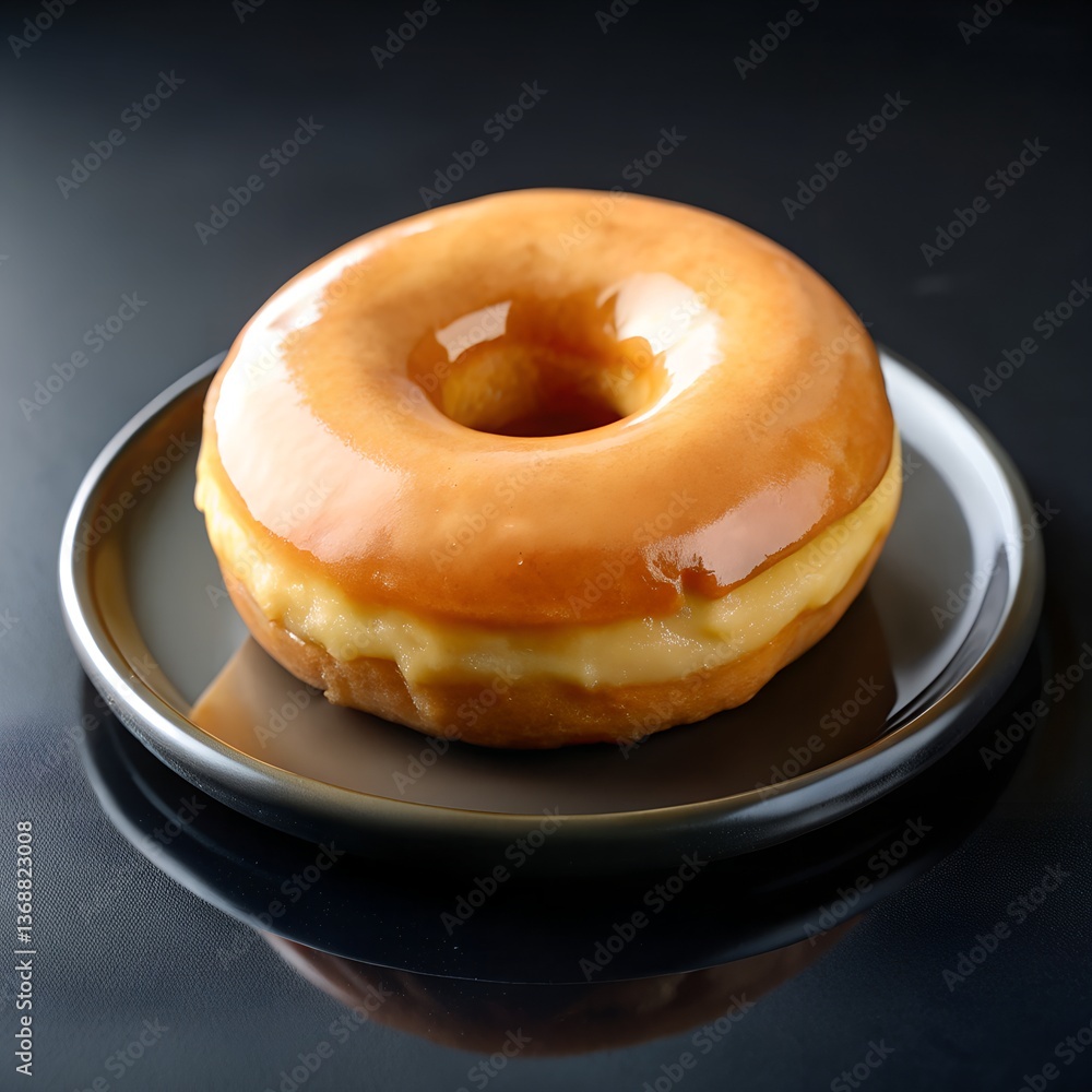 Single Classic Glazed Donut on a Black Plate. Single Classic Glazed Donut on a Black Plate.