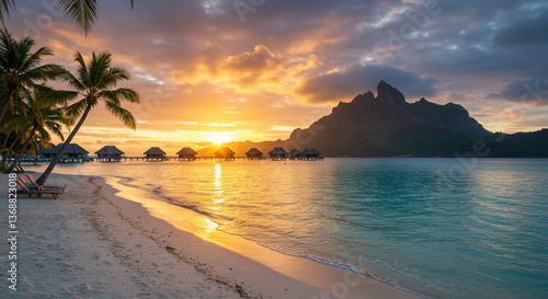 Fototapeta Naklejka Na Ścianę i Meble -  A breathtaking Bora Bora sunset paints the sky in fiery hues, casting a golden glow on the tranquil turquoise waters and overwater bungalows, creating a scene of ultimate serenity.