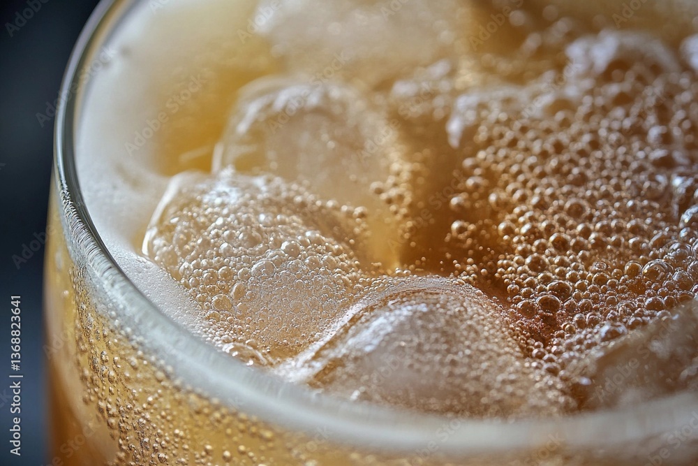 Refreshing beverage with ice and bubbles captured in close-up during a summer gathering Refreshing beverage with ice and bubbles captured in close-up during a summer gathering