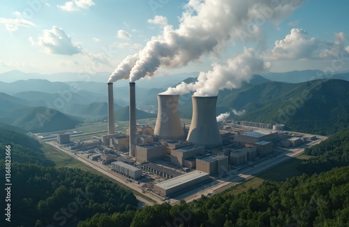 Wallpaper Mural Aerial view of coal power plant with smokestacks emitting steam into blue sky. Industrial landscape features energy production, environmental pollution. Climate change concept. Torontodigital.ca