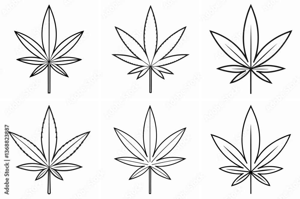 Obraz premium Marijuana Leaf Outline Coloring Page - Line Art Drawing Set on White Background