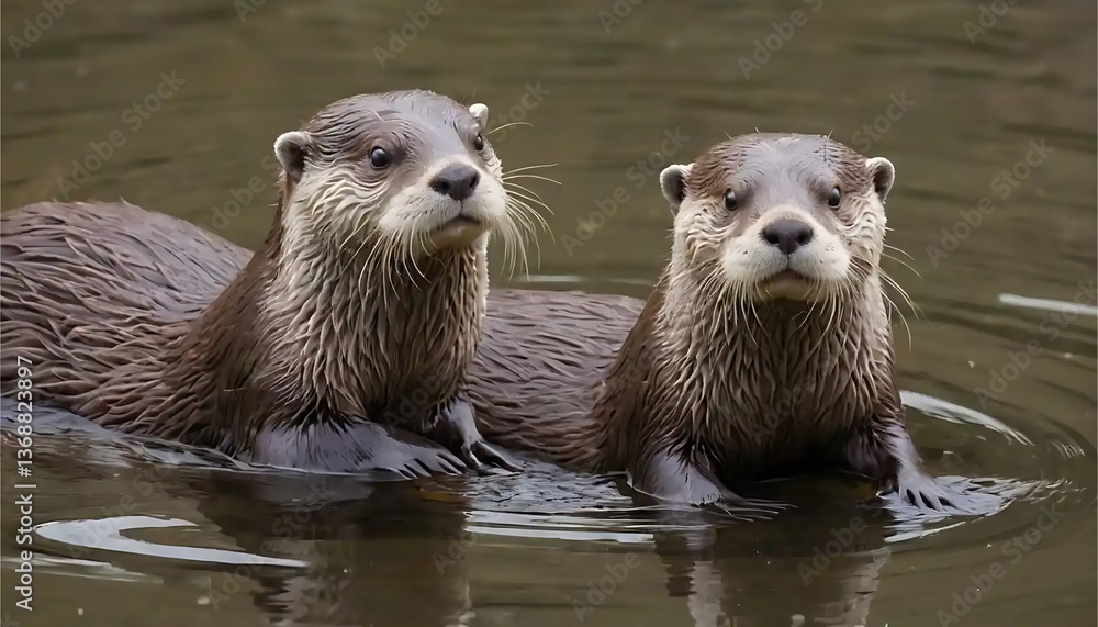 Two Cute River Otters Swimming Together in Brown Water Looking Curious Two Cute River Otters Swimming Together in Brown Water Looking Curious