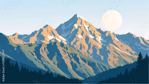 Mountains covered with snow. Mountains landscape. Snowy Mountain Range. Vector illustration.	

