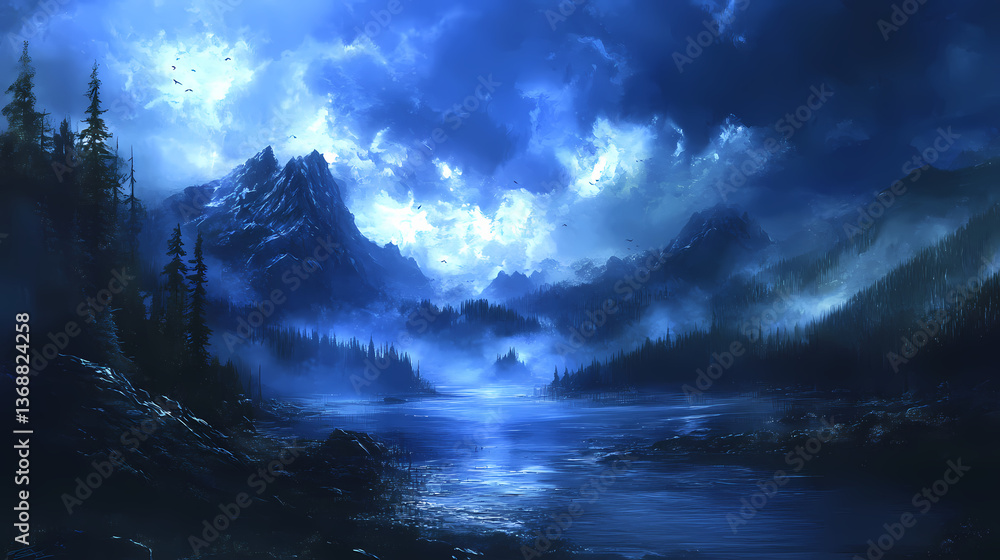 Naklejka premium Shimmering sapphire mist envelops the landscape in mystery, eerie ambiance, mist, mystical. Sapphire Mist. Illustration