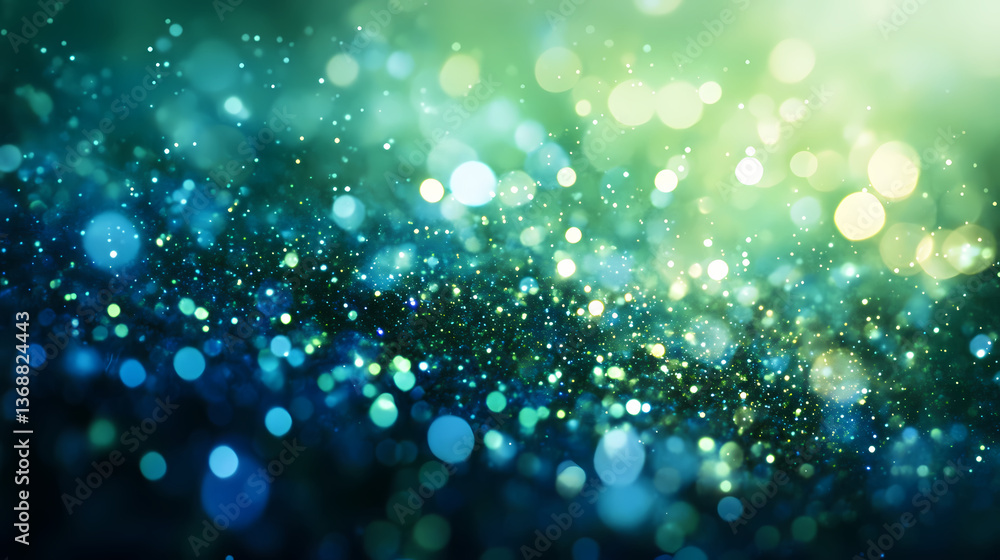 Surreal cascade of sparkling emerald green and sapphire blue particles scattering into an ethereal mist of glittering light in a mesmerizing, dreamlike display. Sapphire Mist. Illustration