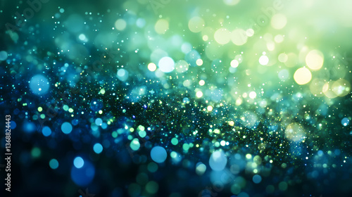 Obraz na płótnie Surreal cascade of sparkling emerald green and sapphire blue particles scattering into an ethereal mist of glittering light in a mesmerizing, dreamlike display. Sapphire Mist. Illustration w salonie