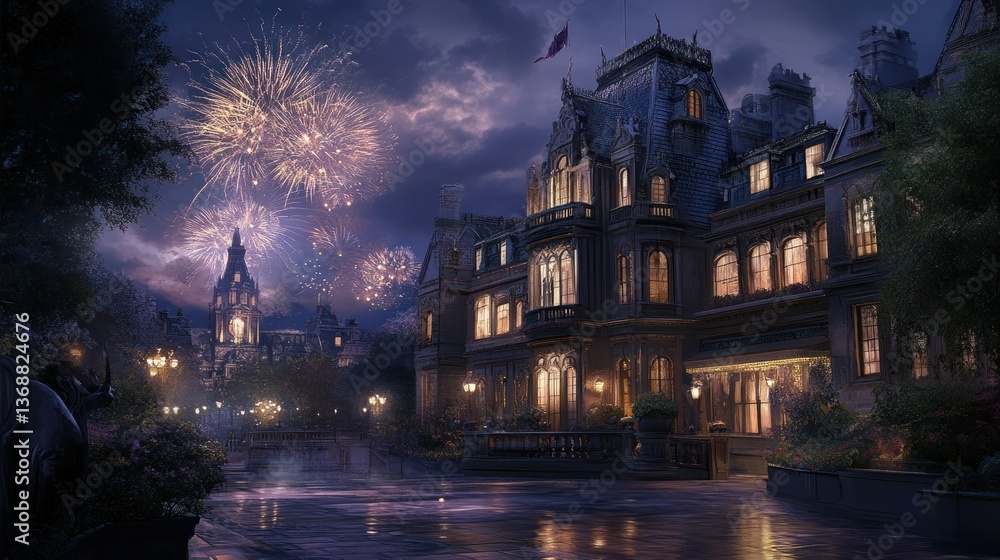 Naklejka premium Grand mansion illuminated at night with fireworks exploding in the sky.