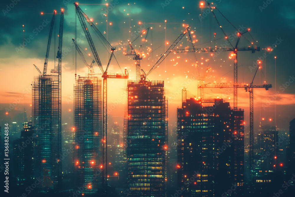 Digital City Development Showcases Cranes and Construction at Sunset With Vibrant Lights Illuminating Urban Landscape Digital City Development Showcases Cranes and Construction at Sunset With Vibrant Lights Illuminating Urban Landscape