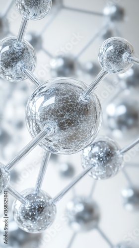 Complex structure of interconnected transparent molecules presented against a neutral background