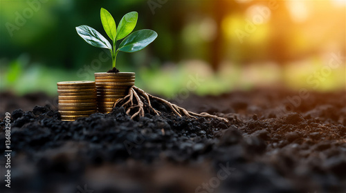Wallpaper Mural Young Plants Growing on Coin Stacks in Sunlit Soil Torontodigital.ca