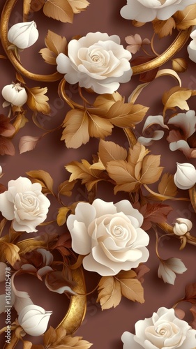 Elegant floral pattern with white roses and golden foliage on a rich brown background, showcasing intricate design details