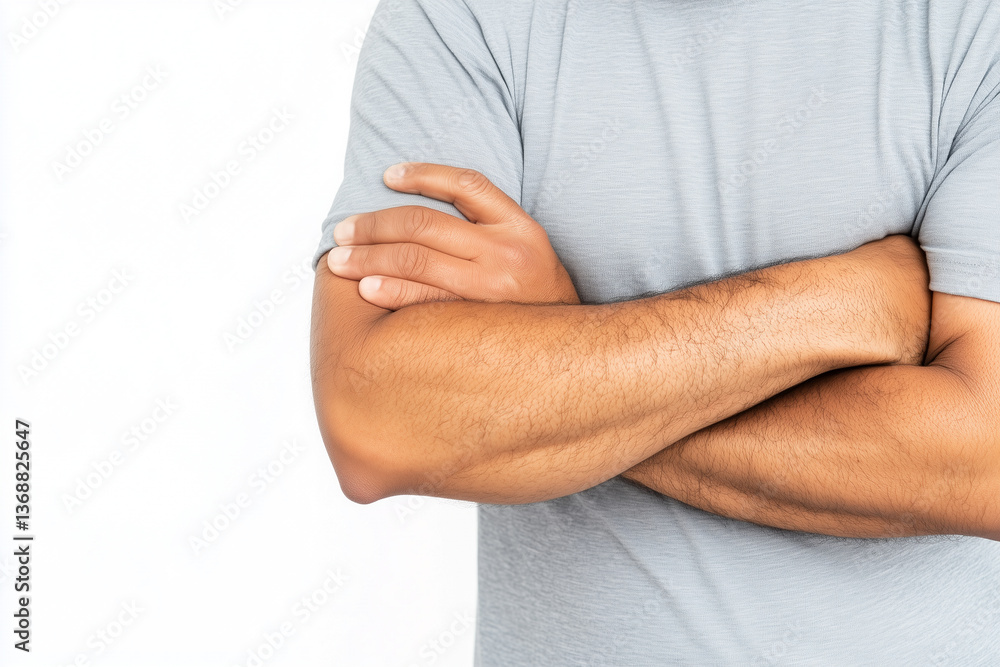 Fototapeta premium Close-up of man in gray shirt holding his arm with crossed hands against white background, concept of pain, tension, or discomfort