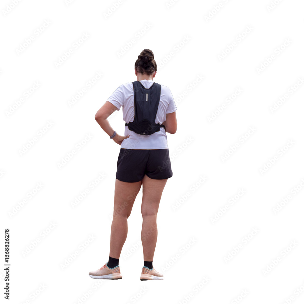 Fototapeta premium Jeune femme de dos en tenue de sport, short noir et t-shirt blanc, sac à dos léger, consultant son téléphone portable, isolée sur fond blanc, scène de plein air ou de loisir