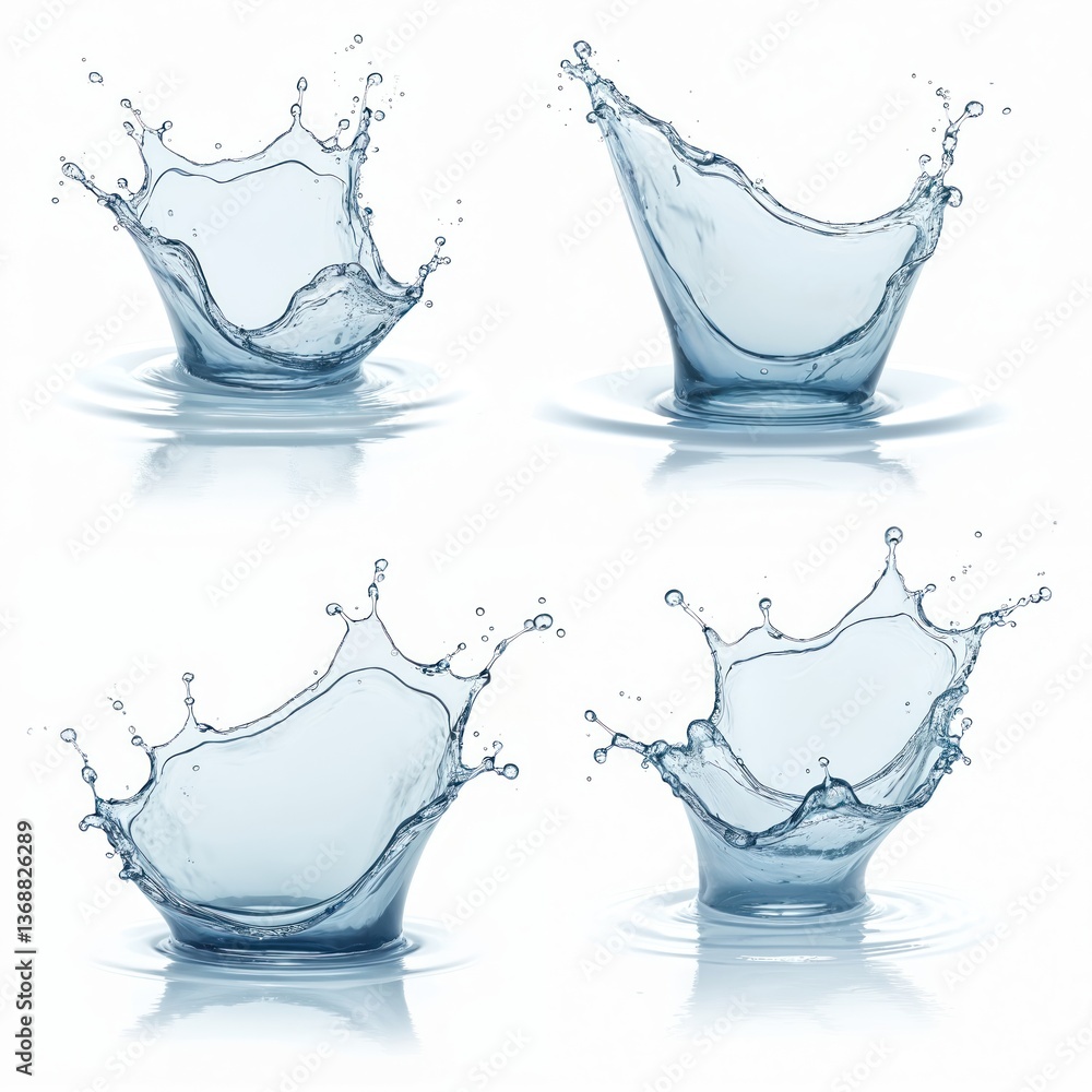 Set of pure water splashes. 3D illustration of liquid drops creating splash crown. Pure water ripples on white background. Concept of freshness, clean, healthy drink, food. Ideal for advertising. Set of pure water splashes. 3D illustration of liquid drops creating splash crown. Pure water ripples on white background. Concept of freshness, clean, healthy drink, food. Ideal for advertising.