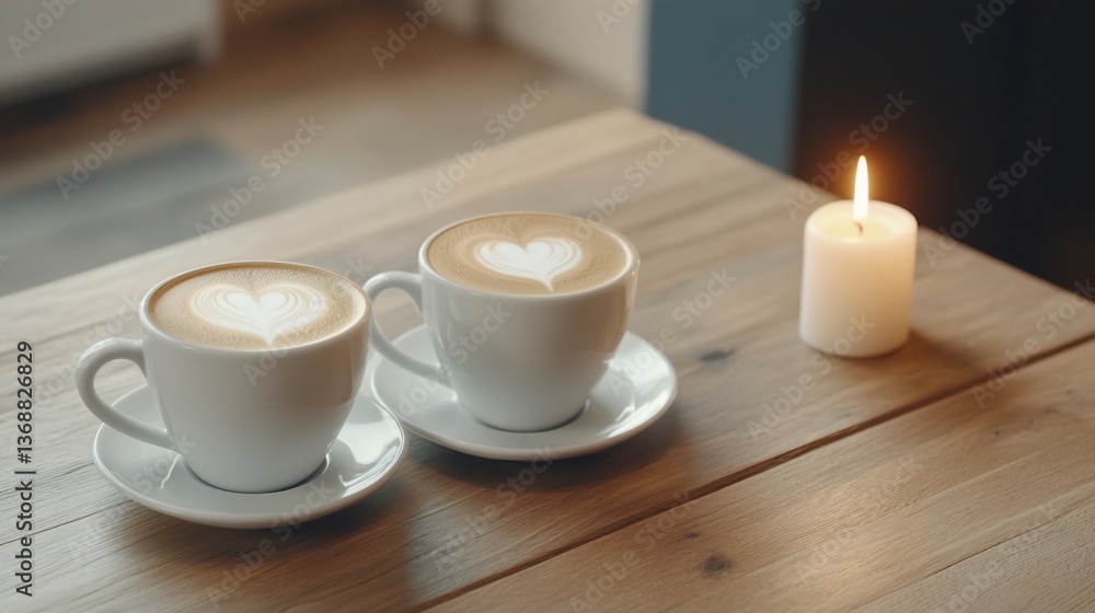 Two coffees with latte art and a candle on a wooden table, cozy vibe