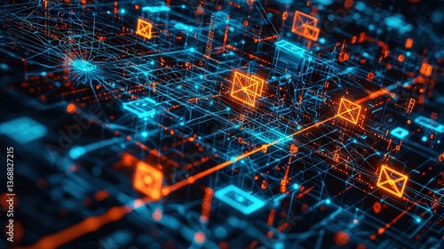 Wallpaper Mural Futuristic data network visualization with glowing blue and orange connectivity grid Torontodigital.ca