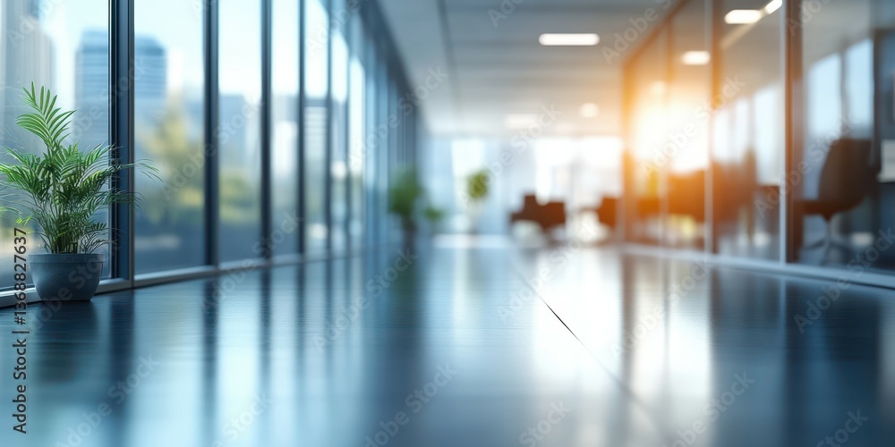 Modern office corridor with glass windows and natural light in a city environment during late afternoon Modern office corridor with glass windows and natural light in a city environment during late afternoon