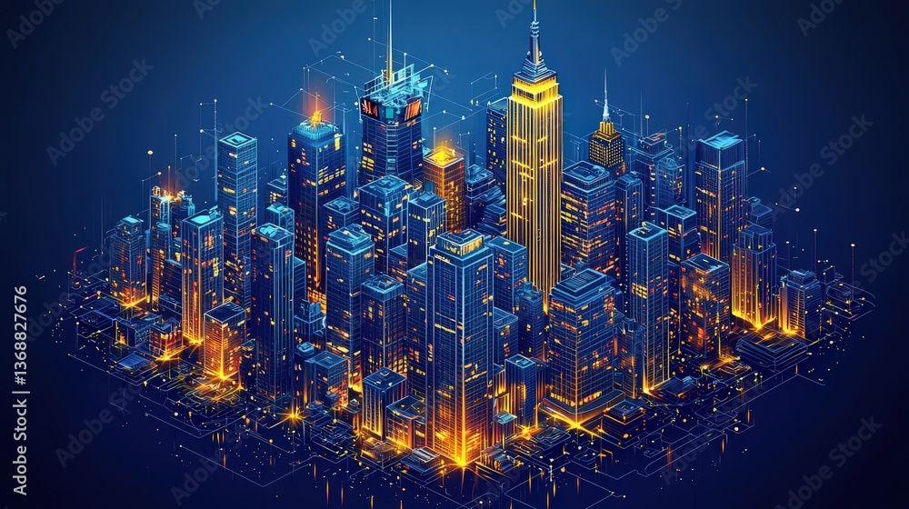 Fototapeta premium Futuristic digital cityscape with glowing skyscrapers and neon network lines