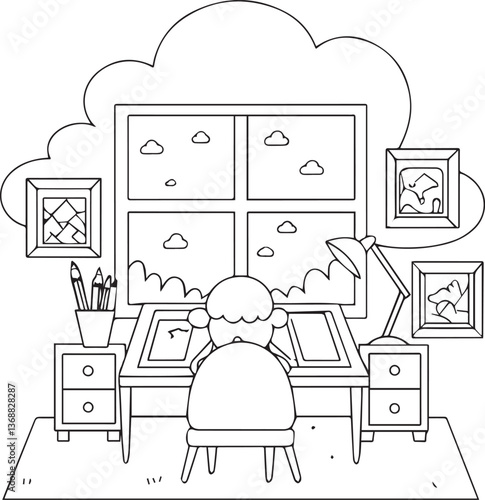 Cozy Study Room Coloring Page – Black-and-White Outline Drawing of a Peaceful Home Library with Bookshelf, Reading Chair, and Drawing Table, Fun Printable for Kids