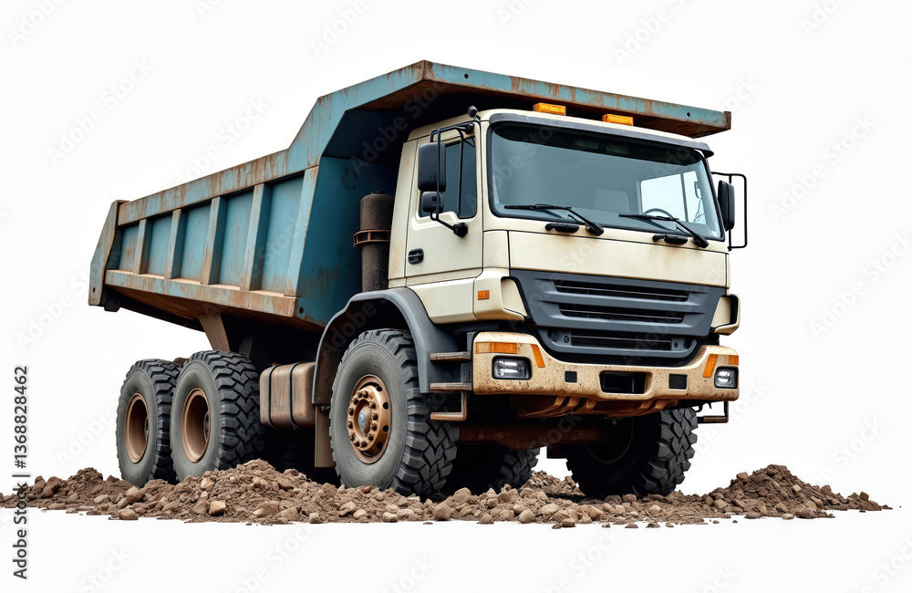Large dump truck unloads gravel construction site. Heavy machinery transport bulk cargo. Industrial vehicle isolated on white background. Construction, earthworks, mining and infrastructure equipment. Large dump truck unloads gravel construction site. Heavy machinery transport bulk cargo. Industrial vehicle isolated on white background. Construction, earthworks, mining and infrastructure equipment.